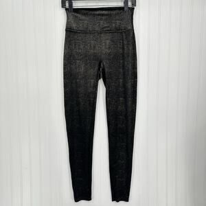 Spanx Leggings Women Velvet Shine Pants Black Gold Metallic Pull On Slimming EUC